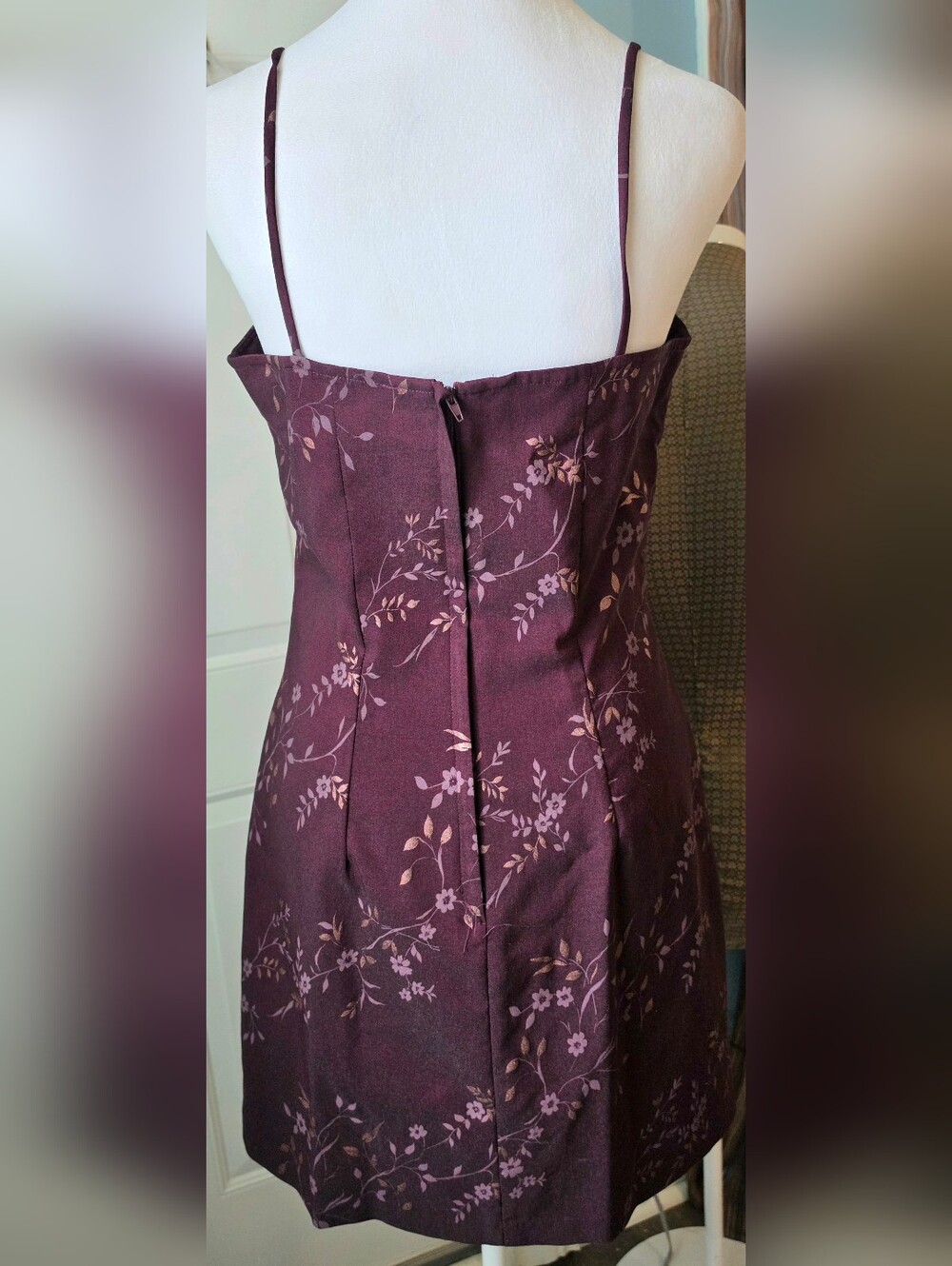 90s Vintage XOXO Floral Midi Dress Juniors 7 Plum Gold Floral w/ Square Neck - Picture 4 of 11